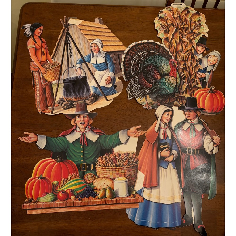 Vintage Thanksgiving Die Cut Wall Decorations Pilgrims Native‎ Americans Turkey